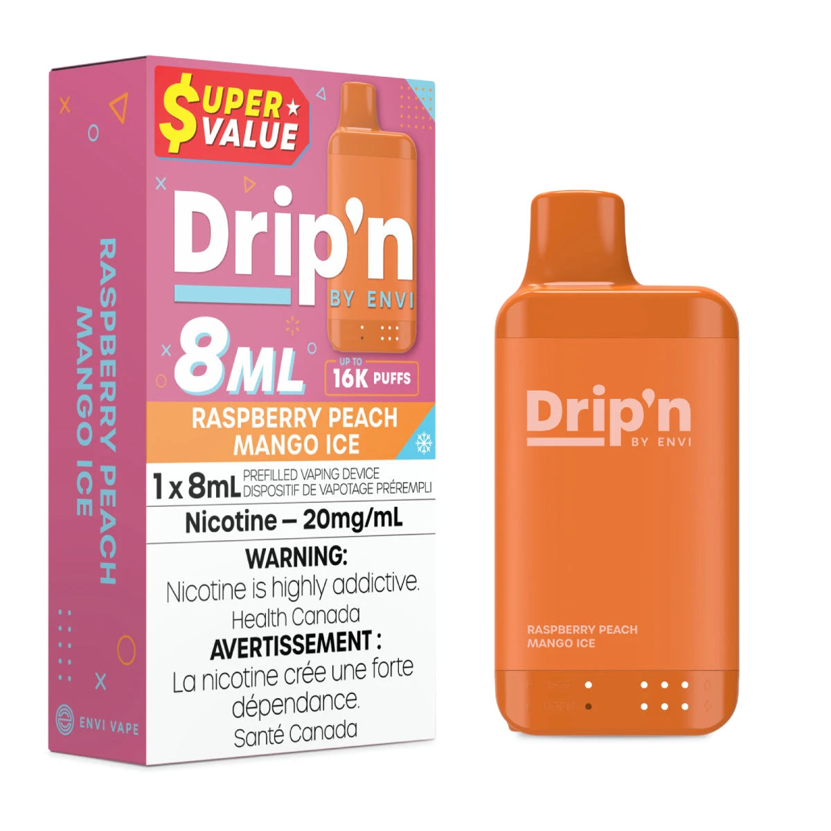 Dripn 8ml Raspberry Peach Mango Ice Cold Turkey Juice inc 